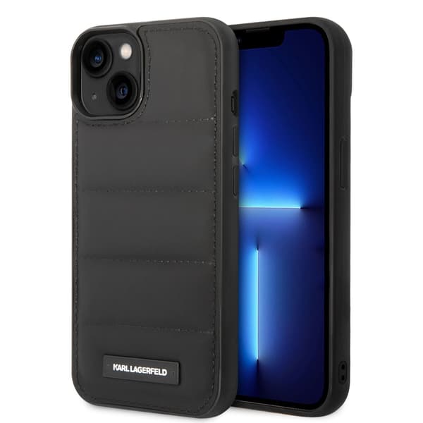 Karl Lagerfeld iPhone 14 Kuori Quilted Nylon Puffy Case Logo Plate Musta