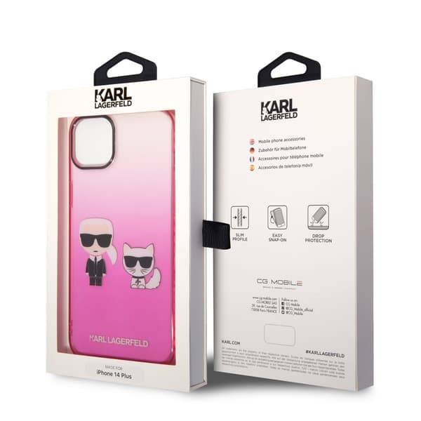 Karl Lagerfeld iPhone 14 Plus Kuori Karl & Choupette Gradient Vaaleanpunainen