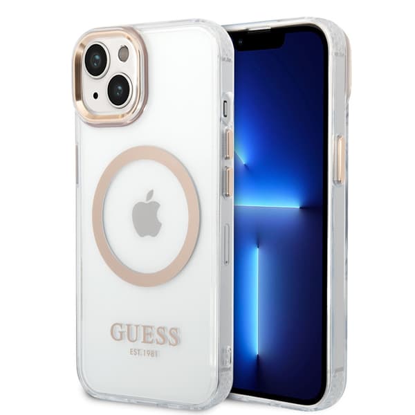 Guess iPhone 14 Kuori Transparent MagSafe Kulta Läpinäkyvä