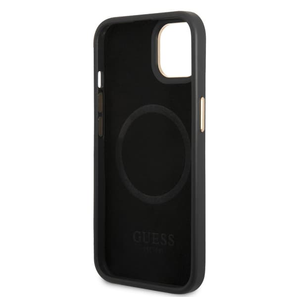 Guess iPhone 14 Plus Kuori Metal Plate Logo MagSafe Musta