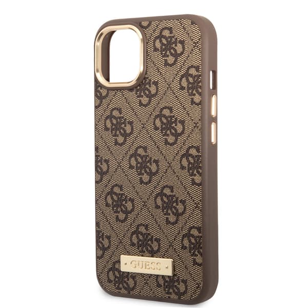 Guess iPhone 14 Plus Kuori Metal Plate Logo MagSafe Ruskea