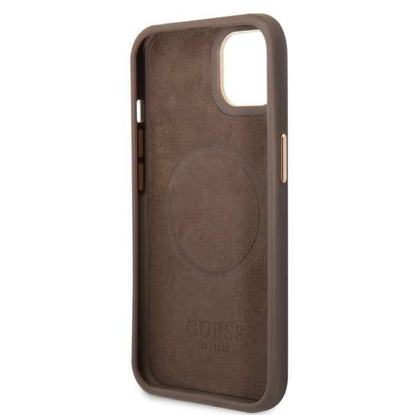Guess iPhone 14 Plus Kuori Metal Plate Logo MagSafe Ruskea