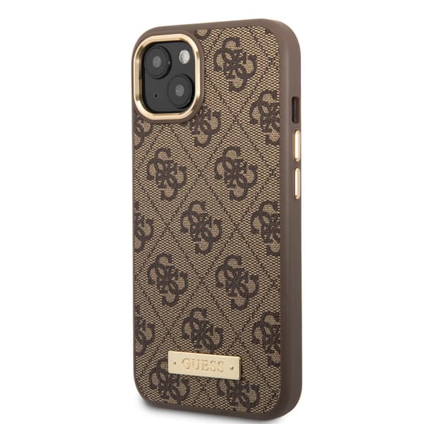 Guess iPhone 14 Plus Kuori Metal Plate Logo MagSafe Ruskea