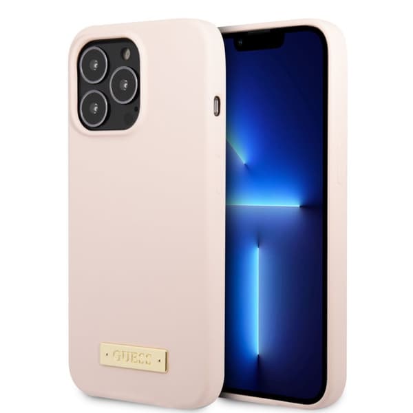 Guess iPhone 13 Pro Cover Silicone Metal Plate MagSafe Lyserød