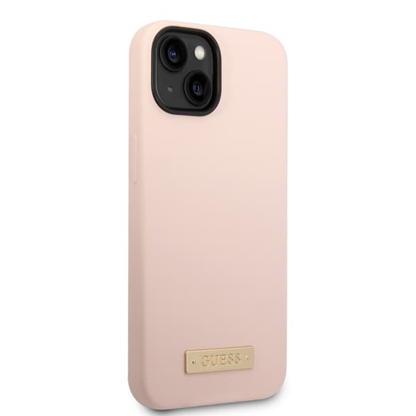 Guess iPhone 14 Skal Silicone Metal Plate MagSafe Rosa