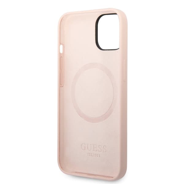 Guess iPhone 14 Skal Silicone Metal Plate MagSafe Rosa