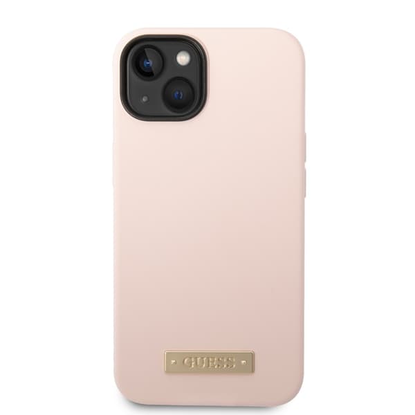 Guess iPhone 14 Plus Cover Silicone Metal Plate MagSafe Lyserød