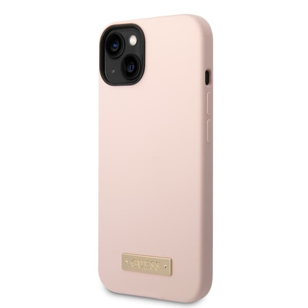Guess iPhone 14 Plus Cover Silicone Metal Plate MagSafe Lyserød