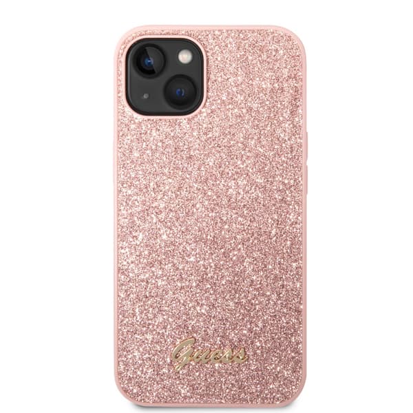 Guess iPhone 14 Plus Kuori Glitter Flakes Metal Logo Vaaleanpunainen