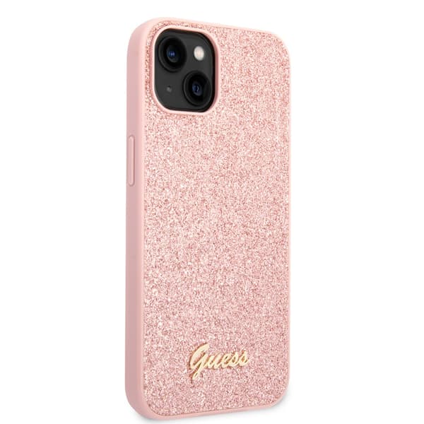 Guess iPhone 14 Plus Kuori Glitter Flakes Metal Logo Vaaleanpunainen