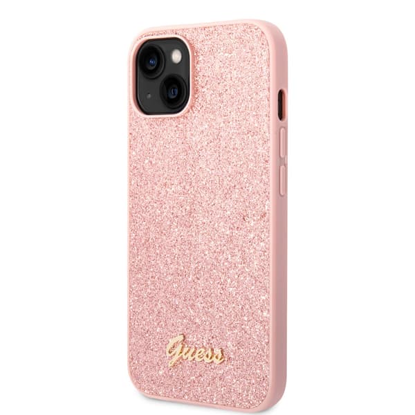 Guess iPhone 14 Plus Kuori Glitter Flakes Metal Logo Vaaleanpunainen