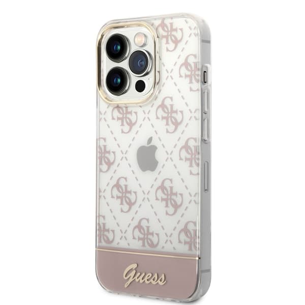 Guess iPhone 14 Pro Cover Bottom Stripe Script Logo Lyserød