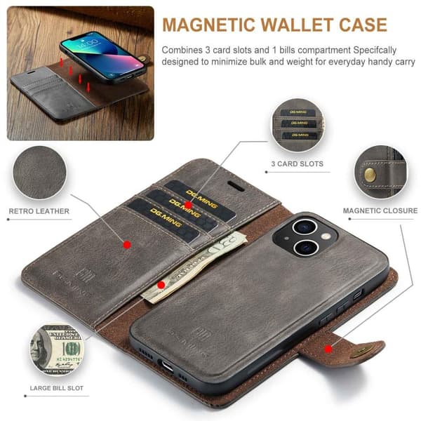 DG MING iPhone 14 Plus 2-i-1 Magnet Pungetui - Grå