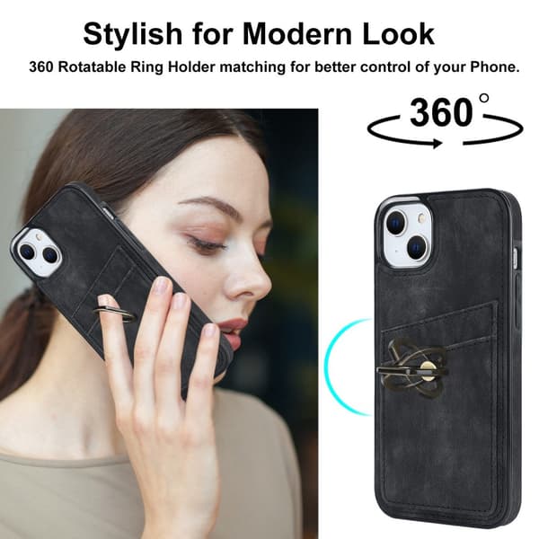 SKALO iPhone 14 Plus PU-læder kortholder Ring - Sort