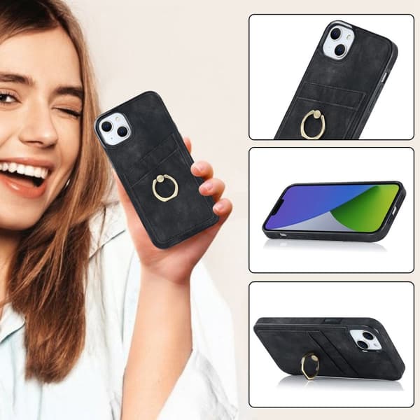 SKALO iPhone 14 Plus PU-læder kortholder Ring - Sort
