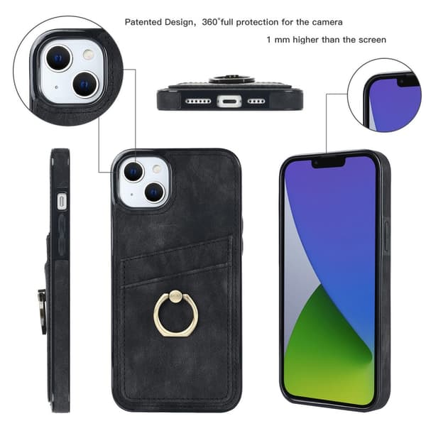 SKALO iPhone 14 Plus PU-læder kortholder Ring - Sort