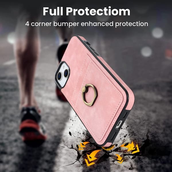 SKALO iPhone 14 Plus PU-nahkainen kortinhaltijan rengas - Pinkki