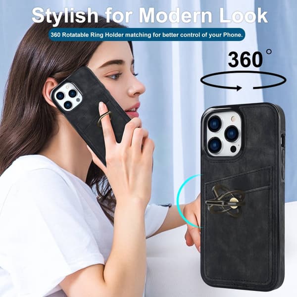 SKALO iPhone 14 Pro PU-nahkainen kortinhaltijan rengas - Musta