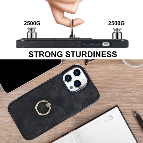 SKALO iPhone 14 Pro PU-nahkainen kortinhaltijan rengas - Musta
