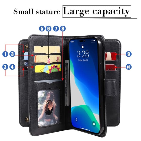 SKALO iPhone 14 Pro Max 10-lokeroa Lompakkokotelo - Musta
