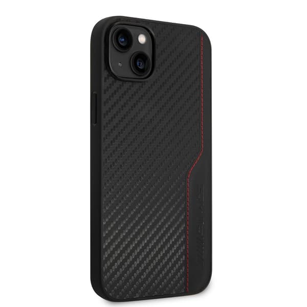 AMG iPhone 14 Plus Kuori Carbon Effect Stamped Logo Musta