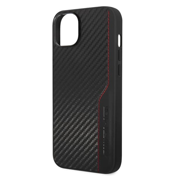 AMG iPhone 14 Plus Kuori Carbon Effect Stamped Logo Musta
