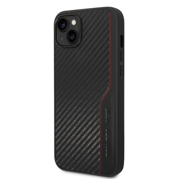 AMG iPhone 14 Plus Kuori Carbon Effect Stamped Logo Musta