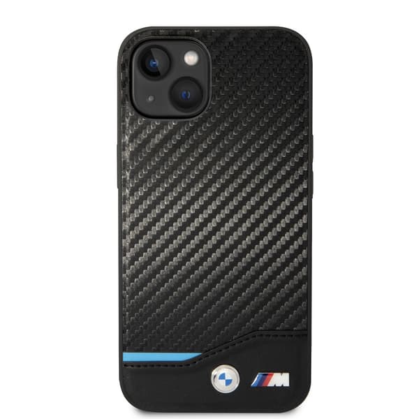 BMW iPhone 14 Kuori Carbon Effect Printed Logo Musta