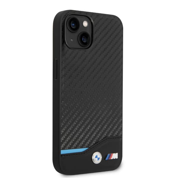 BMW iPhone 14 Kuori Carbon Effect Printed Logo Musta