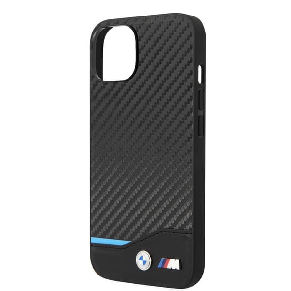 BMW iPhone 14 Kuori Carbon Effect Printed Logo Musta
