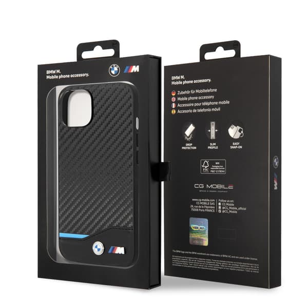 BMW iPhone 14 Kuori Carbon Effect Printed Logo Musta