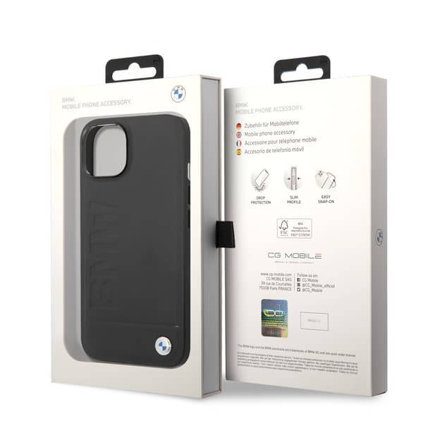 BMW iPhone 14 Kuori Hot Stamp Metal Logo Musta