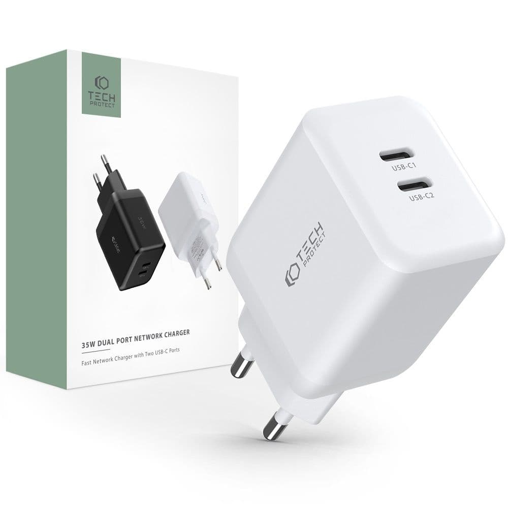Tech-Protect 35W 2x USB-C PD Väggladdare Vit