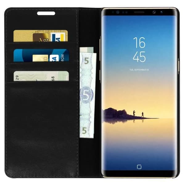 Plånboksfodral i läder - AVIZAR - Galaxy Note 8 - Svart - Helt skydd - Ställfunktion