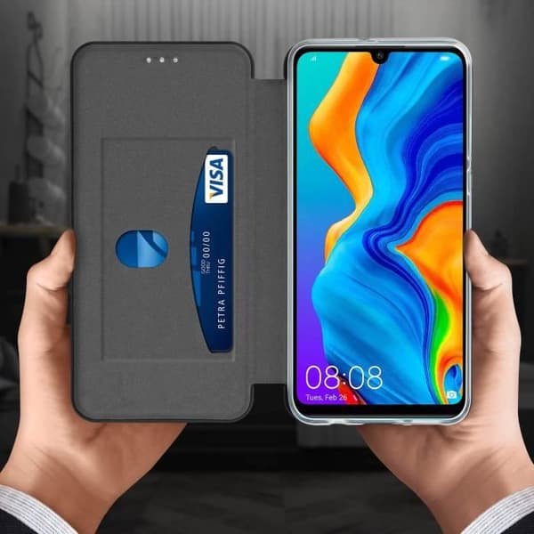 Etui - AVIZAR - P30 Lite/P30 Lite XL - Syntetläder Svart - Kortfack - Videoställning