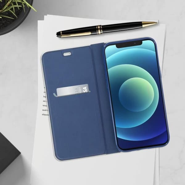 iPhone 12 / 12 Pro-fodral - AVIZAR - Ekoskinn med kolfiberlook - Videostativ - Kortfack - Mörkn blå