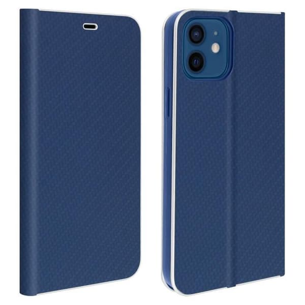 iPhone 12 / 12 Pro-fodral - AVIZAR - Ekoskinn med kolfiberlook - Videostativ - Kortfack - Mörkn blå