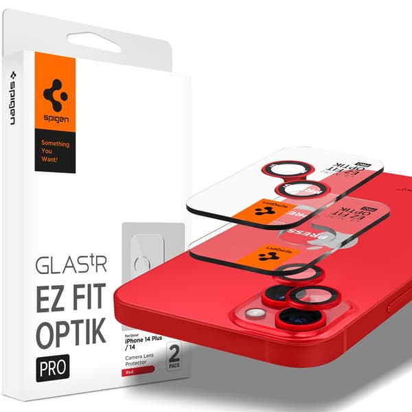 Spigen iPhone 14/iPhone 14 Plus Kameran suoja GLAS.tR EZ Fit Optik Pro Punainen 2-pakkaus