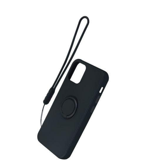 Apple iPhone 12/12 Pro Soft Liquid Silicone Case Black with Magnetic Ring Holder Stand and Slim Hands Strap High Quality