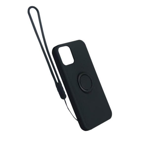 Apple iPhone 12/12 Pro Soft Liquid Silicone Case Black with Magnetic Ring Holder Stand and Slim Hands Strap High Quality