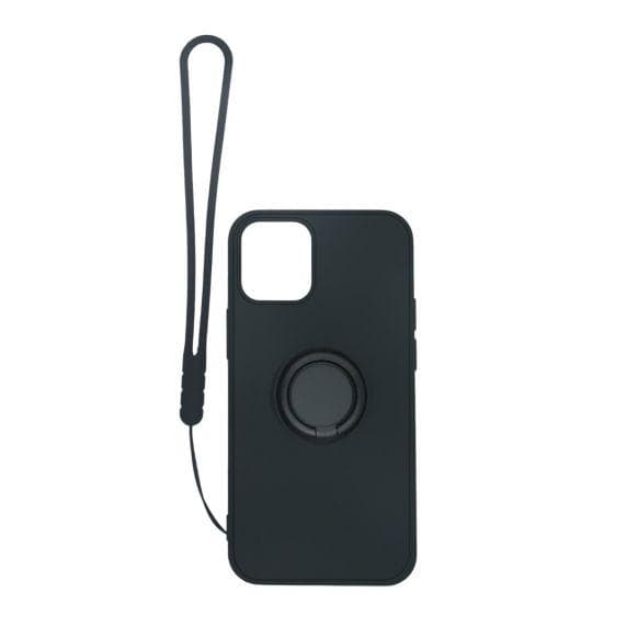 Apple iPhone 12/12 Pro Soft Liquid Silicone Case Black with Magnetic Ring Holder Stand and Slim Hands Strap High Quality