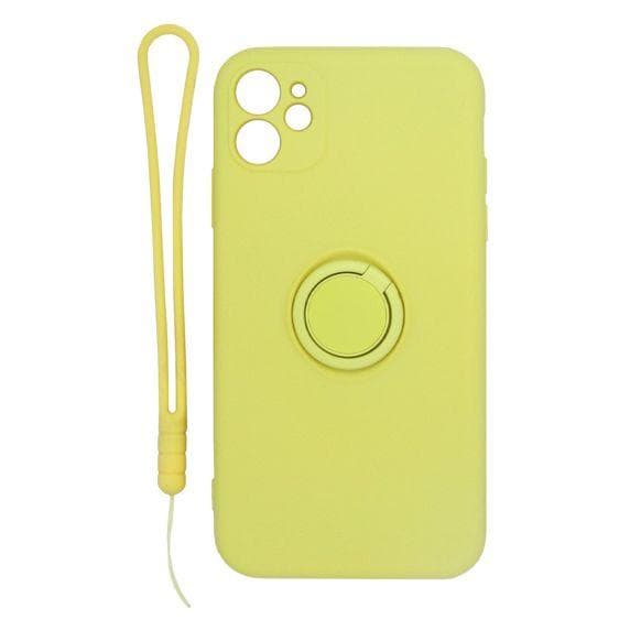 iPhone 11 Soft Liquid Silicone Case With Magnetic Ring Holder Stand and Slim Hands Strap Best Quality Yellow