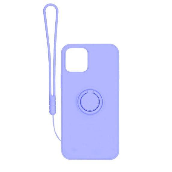 Apple iPhone 12/12 Pro Soft Liquid Silicone Case Purple with Magnetic Ring Holder Stand and Slim Hands Strap High Quality