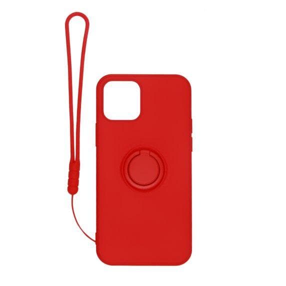 iPhone 12 / 12 Pro Soft Liquid Silicone Case Red with Magnetic Ring Holder Stand and Slim Hands Strap High Quality