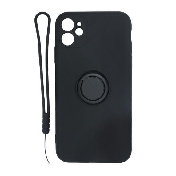 iPhone 11 Soft Liquid Silicone Case With Magnetic Ring Holder Stand and Slim Hands Strap Best Quality Black