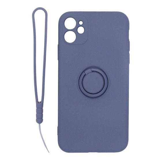 iPhone 11 Soft Liquid Silicone Case With Magnetic Ring Holder Stand and Slim Hands Strap Best Quality Grey