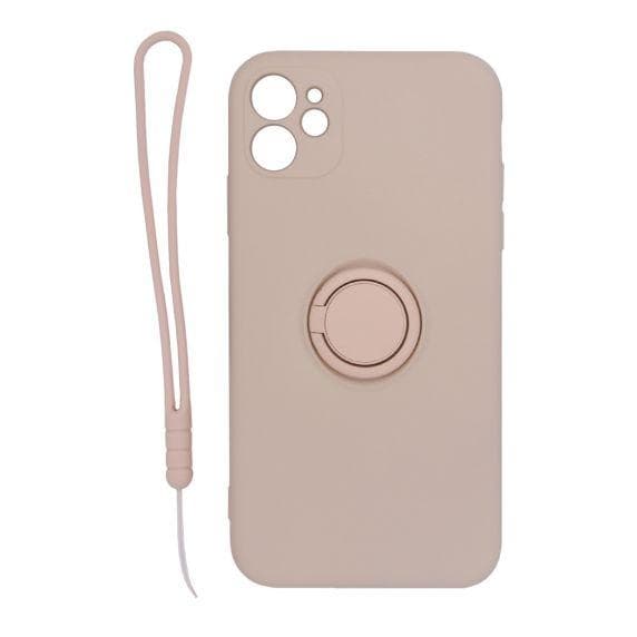 iPhone 11 Soft Liquid Silicone Case With Magnetic Ring Holder Stand and Slim Hands Strap Best Quality Pink