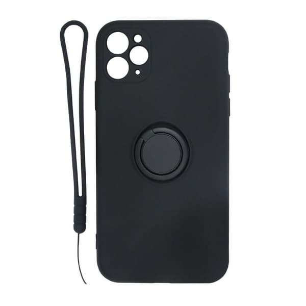 iPhone 11 Pro Soft Liquid Silicone Case With Magnetic Ring Holder Stand and Slim Hands Strap Best Quality Black