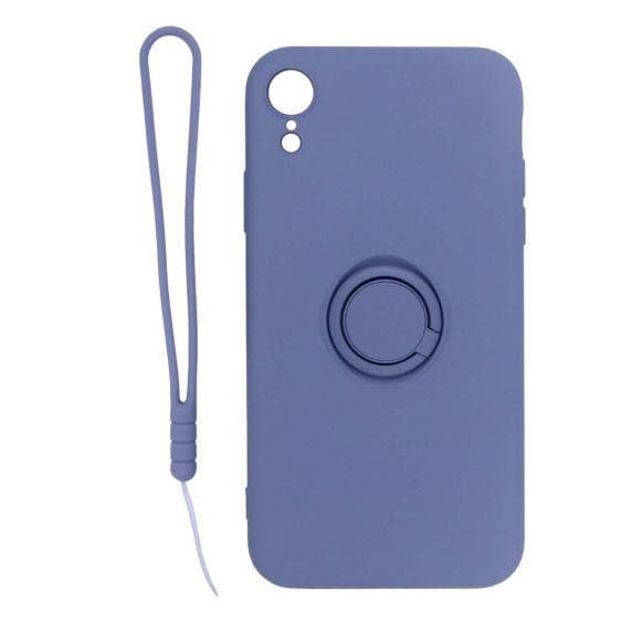 iPhone XR Soft Liquid Silicone Case With Magnetic Ring Holder Stand and Slim Hands Strap Best Quality Grey