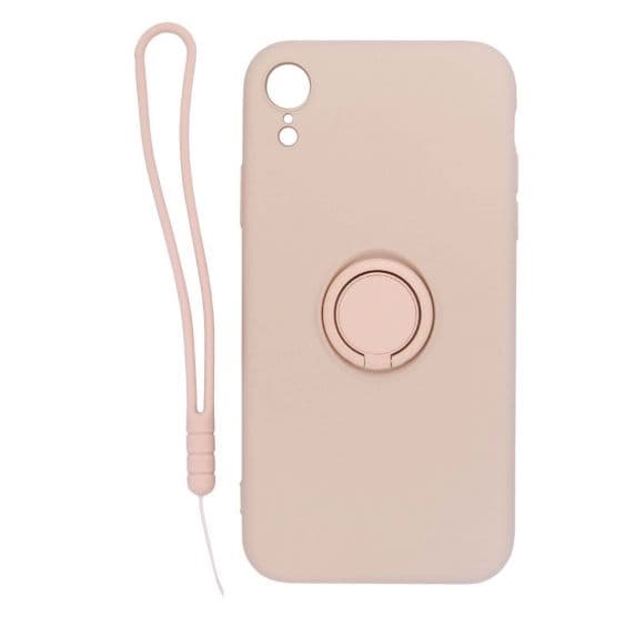 iPhone XR Soft Liquid Silicone Case With Magnetic Ring Holder Stand and Slim Hands Strap Best Quality Pink